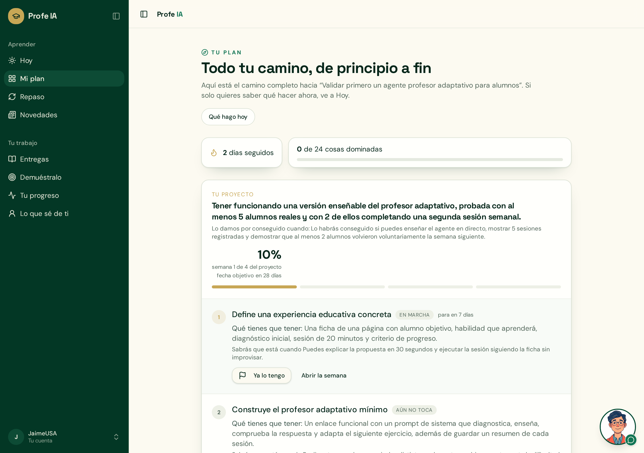 Plan de 30 días de Profe IA con el proyecto, el progreso y las semanas